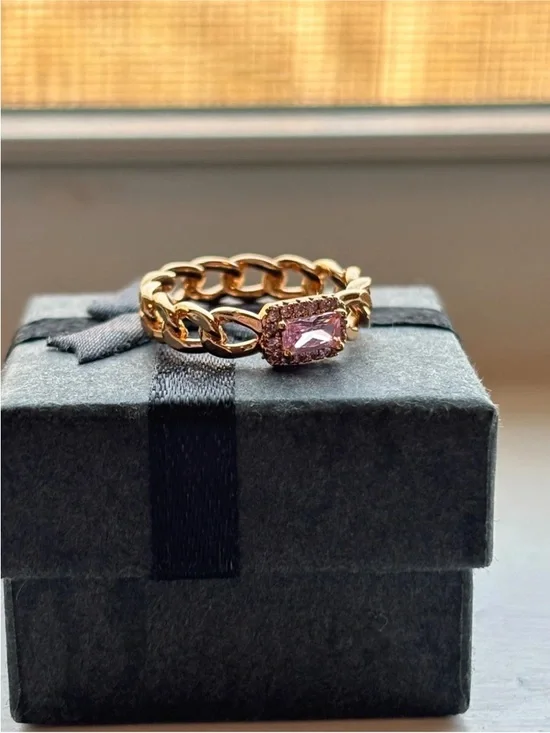 Gold Plated Chain Link Ring Pink Emerald Cut CZ Halo Size 6 Statement Ring - Picture 4 of 9